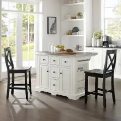 Julia Stainless Steel Top Island with 2 Black X-Back Stools White - Crosley
