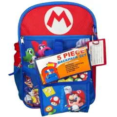 Nintendo Super Mario Red 5pc 16" School Backpack Set with a lunch bag, water bottle, carabiner clip & ID holder, Blue