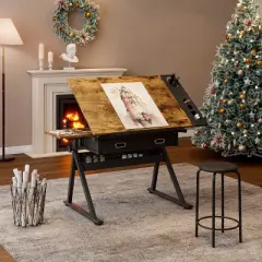 Gulches Adjustable Drawing Drafting Table with 2 Drawers Stool 0 75 Degree Tilt 69 91cm Height Home Office School Desk Brown