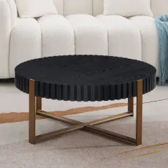 Round Coffee Table For Living Room, 31.5" Drum Coffee Table With Stainless Steels Pedestal Base, Farmhouse Handcrafted Circle Coffee Table