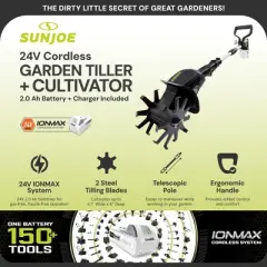 Sun Joe 24V Cordless Garden Tiller Cultivator Kit with Battery and Charger for Weeding, Soil Aeration and Prepping Plant Beds, Black, 24V-TLR-LTE