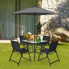 Tangkula 6-Piece Patio Dinning Sets Garden Table Set Outdoor Folding Chairs & Glass Table Set w/ Umbrella Grey