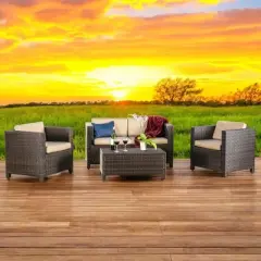 4-Piece Outdoor Sofa Set with Cushions, PE Wicker Rattan Seating Group with Loveseat, Club Chairs, and Coffee Table for Backyard, Patio, or Garden