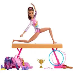 Barbie Gymnastics Playset with Brunette Fashion Doll, Balance Beam, 10+ Accessories & Flip Feature