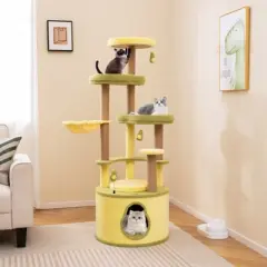 Tangkula Large Avocado Cat Tree Multi-level Cat Tower w/ Large Private Condo Fun Pompoms