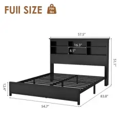 Full Size Bed Frame with Bookcase Headboard, Full Platform Bed with 2-tier Storage & Charging Station, No Box Spring Needed Easy Assemble，Black