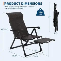 Folding Rattan Chaise Lounge Chair &ndash; Portable Outdoor Recliner with Adjustable Foot Rest & Backrest, Weather-Resistant Ideal for Patio Garden Beach