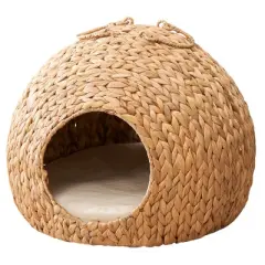 Water Hyacinth Woven Wicker Round Cat Bed Cave with Handles - 18" x 18" x 18" - For Any Size Cat Breeds, Chihuahua and Use with Cat Tower