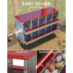 Red 10-Compartment Wall-Mountable Metal Chicken Nesting Box, Roll Away Rustproof Design, Ventilated with Perch & Waterproof