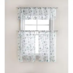 Kate Aurora Floral Embroidered Sheer Rod Pocket Kitchen Curtain Tier & Valance Set