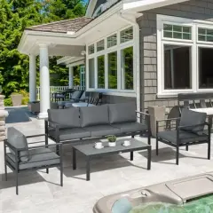 Outsunny Patio Furniture Set 4 Pieces, Outdoor Conversation Set with Water-Resistant Cushions, Coffee Table, 3-Seater Sofa, 2 Chairs for Porch, Gray