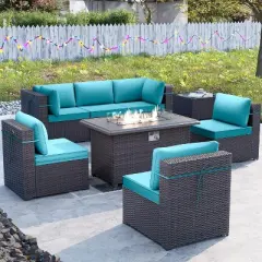 ALAULM 8 Pieces Outdoor Patio Furniture Set with 43" Gas Propane Fire Pit Table PE Wicker Rattan Sectional Sofa