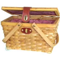 Vintiquewise Picnic Basket Gingham Lined with Folding Handles