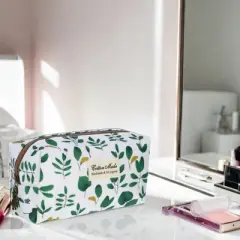 Unique Bargains Women's Printed Makeup Bag White Green 1 Pc