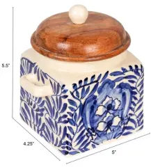 Storied Home Hand-Painted Stoneware Canister with Design, Acacia Wood Lid and Spoon, Cream, Blue and Natural