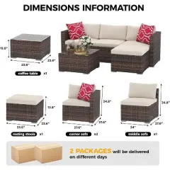 Garvee 5 Pieces Patio Furniture Set - Rattan Outdoor Sofa Set with Cushions, Wicker Sectional with Glass Coffee Table & Ottoman