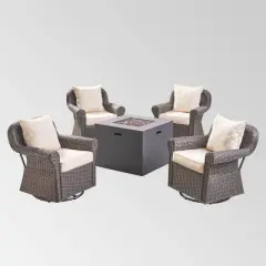 Julian 5pc Faux Wicker Swivel Club Chair & Square Fire Pit Set - Dark Brown/Dark Gray - Christopher Knight Home