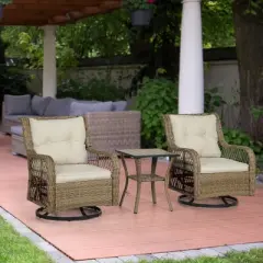 Outsunny Wicker Bistro Set, 3 Piece Patio Furniture Set with Swivel Rocking Chairs and Storage Table, Thickened Cushions for Balcony, Porch
