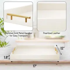 Attop 17x12in Ottoman Tray with Gold Handles Leather Decorative Wooden Serving Tray for Bathroom Vanity All Occasions White