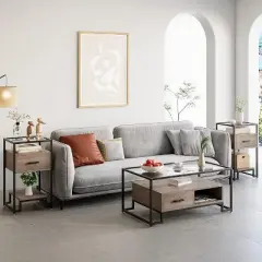 GustoWave 2PCS Nightstands with Storage Drawer, 3-Tier Shelving, Tempered Glass Top for Bedroom, Dorm - Black and Rustic Brown