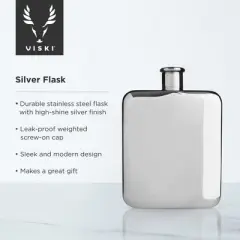 Viski Silver Flask, Polished Stainless Steel Flask with Screw Top for Alcohol, Liquor Flask for Men, 6 Ounces, Set of 1