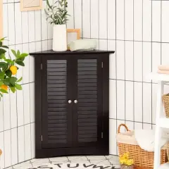 Corner Storage Cabinet Freestanding Floor Cabinet Bathroom w/ Shutter Door Grey\Brown