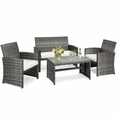 Costway 4PCS Patio Rattan Furniture Set Conversation Glass Table Top Cushioned Sofa White