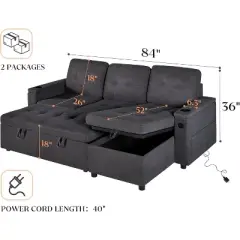 AMERLIFE Sleeper Sofa with Storage Chaise, Sectional with USB Ports, Cup Holders & Pull-Out Bed