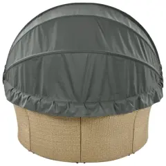 Maliang Outdoor Patio Daybed, Wicker Rattan Round Sofa Furniture Set with Retractable Canopy, 4 Pillows for Lawn Garden Backyard Pool