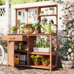 Outdoor Potting Bench, Garden Workstation for Planting, Potting Bench with Shelves and Adjustable Storage, Wood Potting Bench-Coolbibila