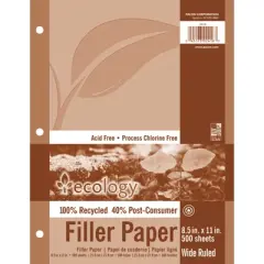 Ecology&reg; Recycled Filler Paper, White, 3-Hole Punched, 3/8" Ruled w/ Margin 8-1/2" x 11", 500 Sheets