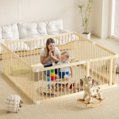 Large Wooden Baby Playpen, Adjustable Gate for Toddler and Babies, Baby Fence Play Yard with Door, Safe Play Area Kids Activity Center