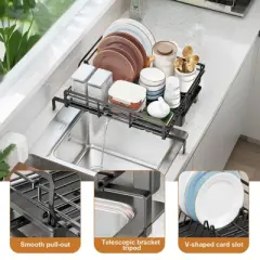 TROPOW Extendable Dish Rack with Drainboard, Dish Drying Rack, V-Shaped Card Slot, Stainless Steel Kitchen Dish Drainer for Sink, Black