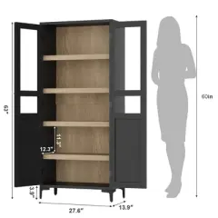 Tall Storage Cabinet with Glass Doors, 63" Height, Adjustable Shelf, Light Oak Wood, Multi-Purpose Organizer