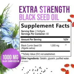 Black Seed Oil Capsules 1000mg, Skin Health & Immune 100% Blackseed Oil, Amazing Extraction Cold Pressed & Pure, 120 Softgels By Nature's Strength