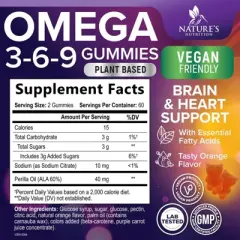 Omega 3 6 9 Vegan Gummies - Triple Strength Omega 3 Supplement Gummy - 369 Heart Support & Brain Support - 120 Gummies By Nature's Nutrition