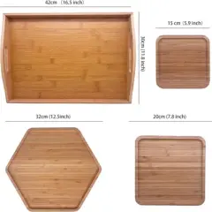 Attop Bamboo Serving Tray Set 16.5"x11.8" with Handles Hexagon & Square Small Plates for Family Dinner Natural