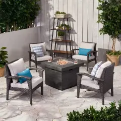 GDFStudio Rocco Outdoor Wicker 5 Piece Club Chair and Fire Pit Set with Cushions