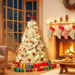 4.5/6/7.5/9/12FT Pre-Lit Artificial Christmas Tree with LEDs, PVC Branch Tips & Metal Stand - Easy Assembly Xmas Tree for Home Office Decor