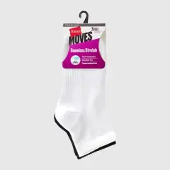 Hanes Women's Moves Premium Seamless Stretch 3pk Ankle Socks - White/Black 5-9: Midweight Knit, Y-Heel Stitching, Arch Support