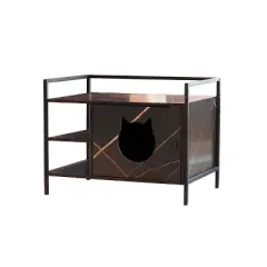 Hidden Litter Box & Coffee Table Furniture | Odor-Controlling Cat Enclosure w/ Storage Shelf | Metal-Wood Cabinet