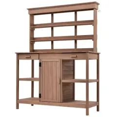 66"H Patio Wooden Potting Bench Table, Farmhouse Garden Workstation with 2 Drawers, Cabinet and Open Shelves - ModernLuxe