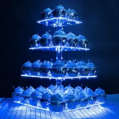Hachikiko 4 Tier Acrylic Cupcake Stand with Blue LED Light String - Large Cupcake Tower for Weddings, Birthdays, Afternoon Tea，Pastry Display Holder