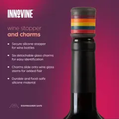 Innovine Wine Stopper & Decorative Glass Charms, Food-Safe Silicone, Fits Corked and Screw-Top Bottles, 7-Piece Set, Vibrant Colors
