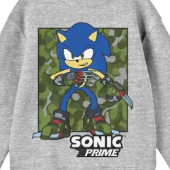Sonic Prime Sonic On Camo Background Crew Neck Long Sleeve Athletic Heather Youth Sweatshirt