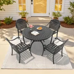 5-Piece Cast Aluminum Outdoor Dining Set: Round Table, Stackable Chairs & Blue Cushions - All-Weather Patio Furniture for Your Backyard