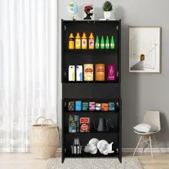 Basicwise 66" Kitchen Pantry Cabinet with 4 Doors, 3 Adjustable Shelves, 2 Cabinets with 1 Drawer &ndash; Elegant Freestanding Farmhouse Storage