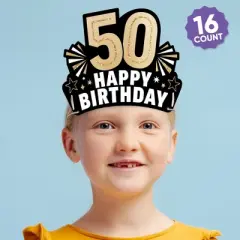 Big Dot of Happiness 50th Birthday Paper Crowns, Happy Birthday Party Headbands for Adults, DIY Black & Gold Milestone Party Hat Favors, 16 Count