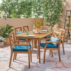 Christopher Knight Home Llando Outdoor Acacia Wood 7 Piece Dining Set with Cushion