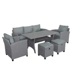 JUJABU 6-Piece Wicker Patio Garden Backyard Sofa Set with Cushion, 2 Stools and Coffeetable